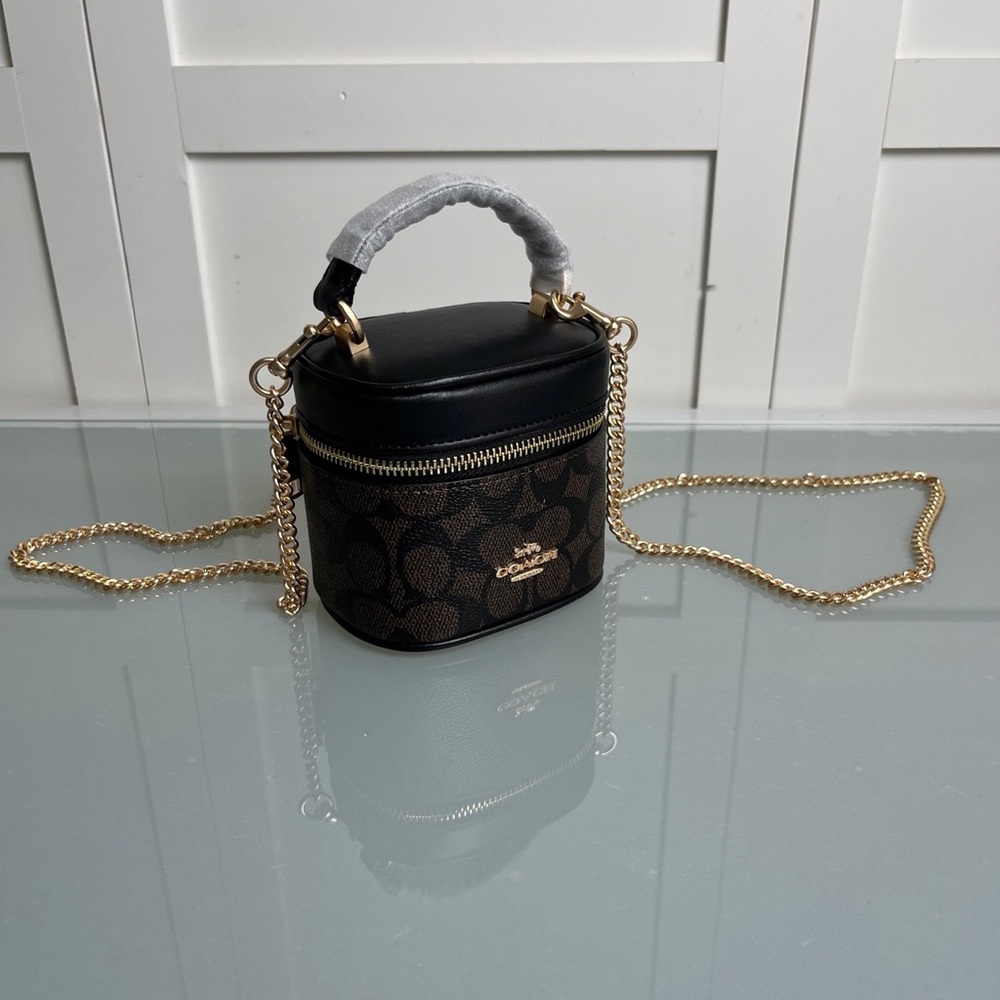 Coach Brown/Black Signature Mini Vanity Crossbody with Gold Chain - Picture 2 of 8